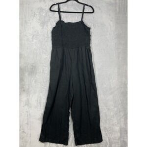 Universal Thread Jumpsuit Womens L Black Linen Blend Smocked Wide Leg Coastal
